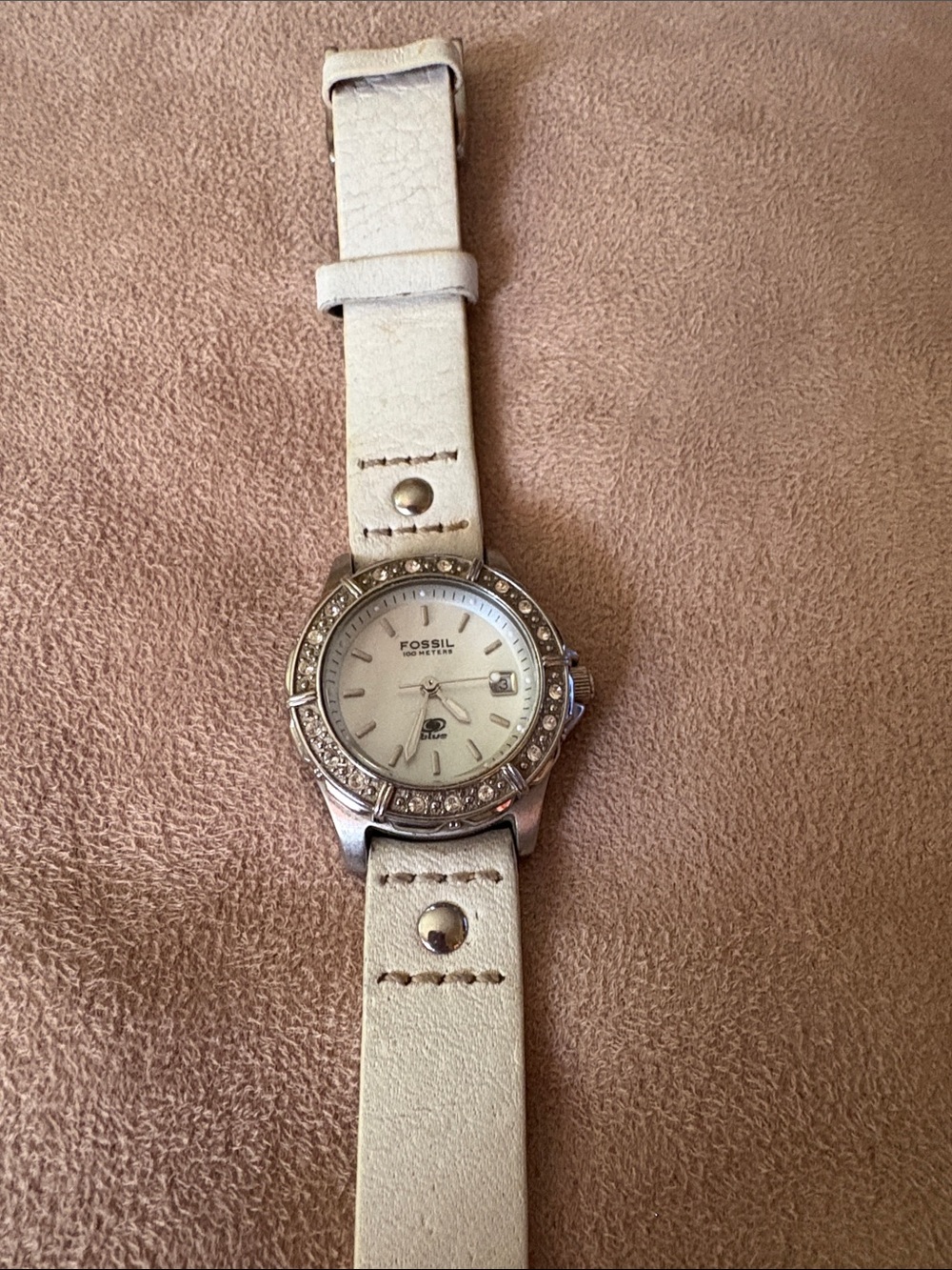 Fossil Cream Leather Strap Watch with Crystal Bezel